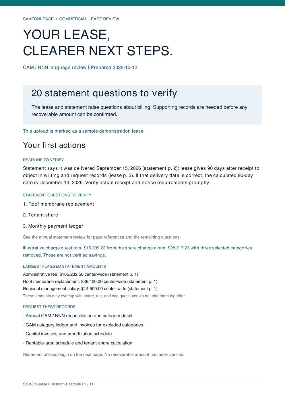 Preview of the sample lease and statement review report